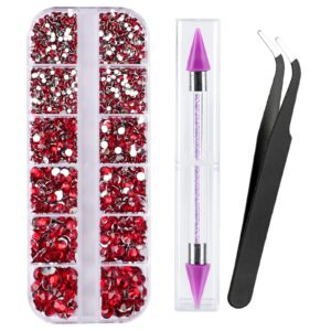 Canvalite 2784PCS Red Rhinestones Flat Back Gems, Nail Rhinestones Gems with Pick Up Tweezers and Diamonds Picker Dotting Pen, Tools for Nail Art, Clothes, Face, Craft