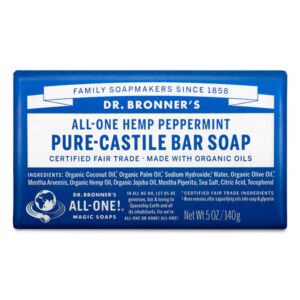 Dr. Bronner’s – Pure-Castile Bar Soap (Peppermint, 5 ounce) – Made with Organic Oils, For Face, Body and Hair, Gentle and Moisturizing, Biodegradable, Vegan, Cruelty-free, Non-GMO