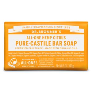 Dr. Bronner’s – Pure-Castile Bar Soap (Citrus, 5 ounce) – Made with Organic Oils, For Face, Body and Hair, Gentle and Moisturizing, Biodegradable, Vegan, Cruelty-free, Non-GMO