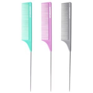 Goodofferplace 3 PCS Rat Tail Combs Parting Rattail Combs Teasing Fine Tooth Comb with Metal Pick for Curly Hair,Detangling Combs for Women,Parting Combs for Braiding,Styling Hair(Green Purple Grey)