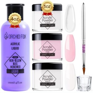 ORCHID FOX Acrylic Nail Kit Acrylic Powder and Liquid Set 4oz Monomer Acrylic Liquid with Nail Brush and Dish Nail Extension Professional Manicure Tools for Beginners 1oz 3 Colors