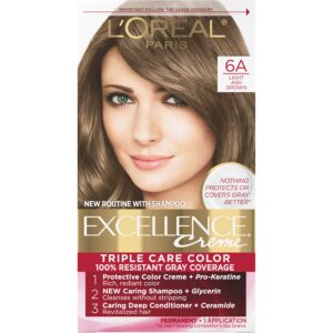 L’Oreal Paris Excellence Creme Permanent Triple Care Hair Color, 6A Light Ash Brown, Gray Coverage For Up to 8 Weeks, All Hair Types, Pack of 1