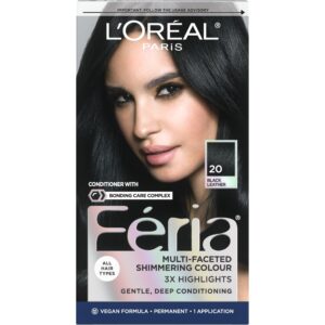 L’Oreal Paris Feria Multi-Faceted Shimmering Permanent Hair Color, 20 Black Leather (Natural Black), Pack of 1, Hair Dye
