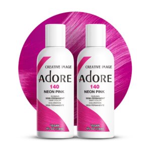 Adore Semi Permanent Hair Color – Vegan and Cruelty-Free Pink Hair Dye – 4 Fl Oz – 140 Neon Pink (Pack of 2)