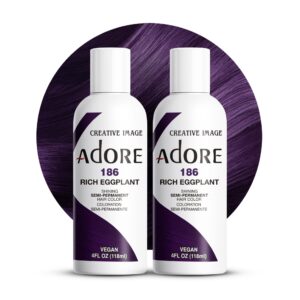 Adore Semi Permanent Hair Color – Vegan and Cruelty-Free Purple Hair Dye – 4 Fl Oz – 186 Rich Eggplant (Pack of 2)