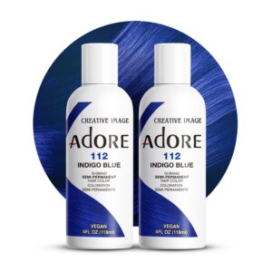 Adore Semi Permanent Hair Color – Vegan and Cruelty-Free Blue Hair Dye – 4 Fl Oz – 112 Indigo Blue (Pack of 2)