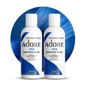 Adore Semi Permanent Hair Color – Vegan and Cruelty-Free Blue Hair Dye – 4 Fl Oz – 174 Sapphire Blue (Pack of 2)
