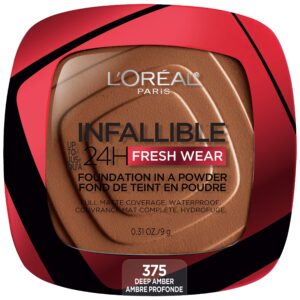 L’Oreal Paris Makeup Infallible Fresh Wear Foundation in a Powder, Up to 24H Wear, Waterproof, Deep Amber, 0.31 oz.