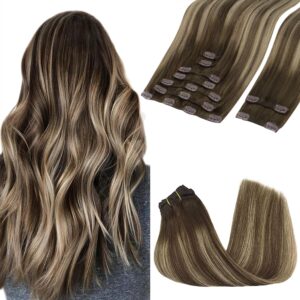 GOO GOO Clip in Hair Extensions Real Human Hair, Remy Human Hair Extensions Clip ins for Women, Natural Human Hair, 14inch 150g 9Pcs, 4/26/4 Balayage Chocolate Brown to Honey Blonde