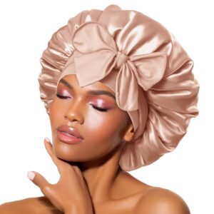 BONNET QUEEN Satin Bonnet Cool Breathable Single Layer Silk Bonnet for Sleeping Women Hair Bonnet Night Sleep Cap Scarf Wrap for Curly Hair with Tie Band Champagne