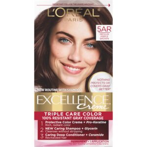 L’Oreal Paris Excellence Creme Permanent Triple Care Hair Color, 5AR Medium Maple Brown, Gray Coverage For Up to 8 Weeks, All Hair Types, Pack of 1