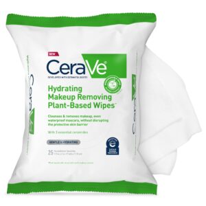 CeraVe Hydrating Facial Cleansing Makeup Remover Wipes, Plant Based Face Wipes, Biodegradable in Home Compost, Face Wash Cloth, Suitable for Sensitive Skin, Fragrance-free Non-comedogenic, 25 Count