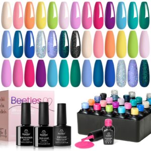 Beetles Gel Nail Polish Set- 23Pcs Summer Color Gel Polish with Base Gel Top Coat Bright Colors, Gel Polish Kit Blue Pink Purple Orange Green Glitter Soak Off Uv Led Trendy Rainbow Nail Art