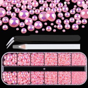 Belleboost Flat Back Pearls Kits 1 Box of Flatback Pink AB Half Round Pearls with Pickup Pencil and Tweezer for Home DIY and Professional Nail Art, Face Makeup and Craft