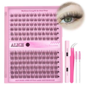 ALICE DIY Eyelash Extensions Kit 9-11MM Natural, Lash Clusters Kit 144Pcs Wispy Individual Lashes Lash Extensions, Lash Glue Bond and Seal Self Application for Lash Extension Beginner