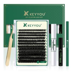 KEYYOU DIY Lash Extension 144pc Kit: Lash Clusters with Super Hold Mascara, Bond and Seal, Remover, Applicators, Brush, Cleaning Pad