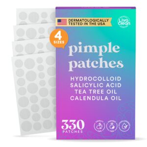 LivaClean 330 CT Pimple Patches for Face w/Salicylic Acid, Tea Tree Oil & Calendula Oil – Four Sizes – Pimple Patch, Hydrocolloid Patch, Acne Patches for Face