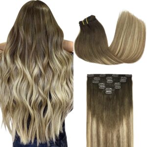 GOO GOO Clip in Hair Extensions Real Human Hair, Remy Human Hair Extensions Clip ins for Women, Natural Human Hair, 14inch 120g 7Pcs, 3/8/613 Balayage Walnut Brown to Ash Brown and Bleach Blonde