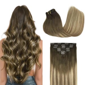 GOO GOO Clip in Hair Extensions Real Human Hair, Remy Human Hair Extensions Clip ins for Women, Natural Human Hair, 12inch 85g 7Pcs, 3/8/613 Balayage Walnut Brown to Ash Brown and Bleach Blonde