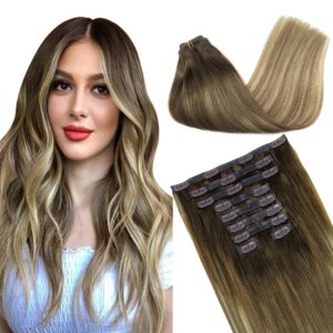 GOO GOO Clip in Hair Extensions Real Human Hair, Remy Human Hair Extensions Clip ins for Women, Natural Human Hair, 14inch 130g 9Pcs, 3/8/613 Balayage Walnut Brown to Ash Brown and Bleach Blonde