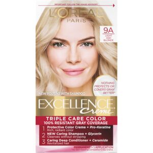 L’Oreal Paris Excellence Creme Permanent Triple Care Hair Color, 9A Light Ash Blonde, Gray Coverage For Up to 8 Weeks, All Hair Types, Pack of 1