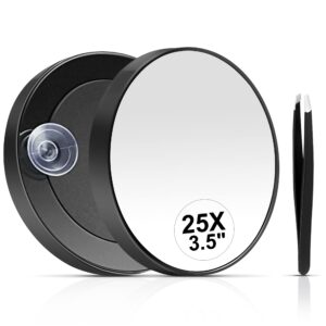 MIYADIVA 25X Small Magnifying Mirror with Suction Cup, Tweezers, for Makeup & Blackhead Removal, 3.5 Inches