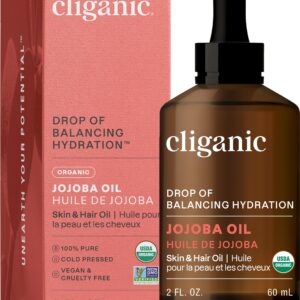 Cliganic Organic Jojoba Oil, 100% Pure (2oz) | Natural Cold Pressed Unrefined Hexane Free Oil for Hair & Face | Base Carrier (Packaging May Vary)