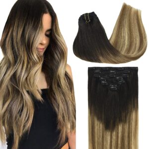 GOO GOO Clip in Hair Extensions Real Human Hair, Remy Human Hair Extensions Clip ins for Women, Natural Human Hair, 16inch 120g 7Pcs, 2/6/18 Balayage Brown to Dirty Blonde