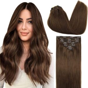 GOO GOO Clip in Hair Extensions Real Human Hair, Remy Human Hair Extensions Clip ins for Women, Natural Human Hair, 26inch 135g 7Pcs, 4A Chocolate Brown