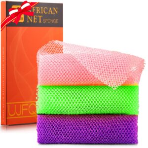 UJFQBH 3 Pieces African Bath Sponge African Net Long Net Bath Sponge Exfoliating Shower Body Scrubber Back Scrubber Skin Smoother,Great for Daily Use (Purple， Pink，Green)