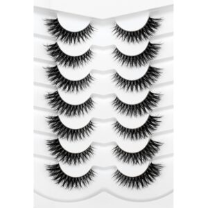Pooplunch False Eyelashes Fluffy Cat Eye Look Natural Volume Wispy Short Lashes 8D Faux Mink Wispies Lashes Fake Eyelashes Strips 7 Pairs Pack