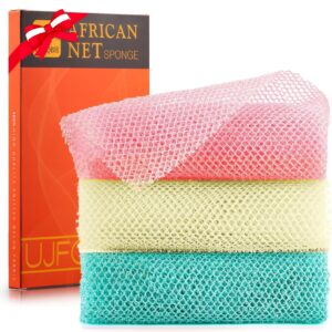 3 Pieces African Net Sponge, African exfoliating net African Net Long Net Bath Sponge Exfoliating Shower Body Scrubber Back Scrubber Skin Smoother（Pink, Green, Off-White）