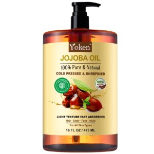 Yoken Pure Jojoba Oil EWG Verified 16 fl oz, 100% Natural Jojoba Oil for Hair, Skin & Face, Cold Pressed Unrefined, Deeply Moisturizing Body oil Carrier Oils for Essential Oils Mixing