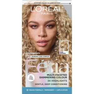 L’Oreal Paris Feria Multi-Faceted Shimmering Permanent Hair Color, 100 Pure Diamond (Very Light Natural Blonde), Pack of 1, Hair Dye