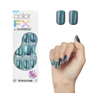 KISS imPRESS No Glue Mani Press-On Nails, Color FX, ‘Better Things’, Dark Green, Short Size, Squoval Shape, Includes 30 Nails, Prep Pad, Instructions Sheet, 1 Manicure Stick, 1 Mini File