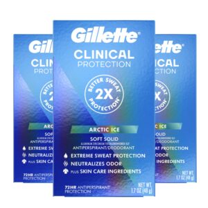 Gillette Clinical Antiperspirant and Deodorant for Men, 72hr Sweat & Odor Protection, Long Lasting Freshness, Anti-White Mark Technology, Soft Solid, Arctic Ice Scent, 1.7 oz (Pack of 3)