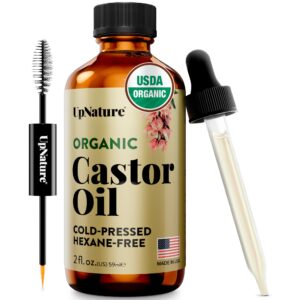 UpNature Organic Castor Oil (2 oz) 100% Pure Cold Pressed Unrefined Castor Oil for Hair Growth Support – Eyebrow Eyelash Growth Serum (Hexane Free) Natural Moisturizer in Glass Bottle