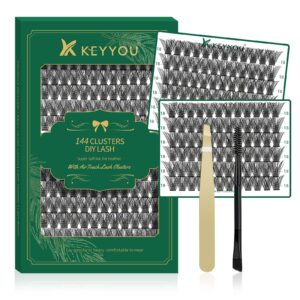 KEYYOU Lash Clusters 144pcs Individual D Curl 10mm Air Touch Cluster Lashes Super Lightweight Soft Wispy Comfortable Easy DIY at Home(Air02)