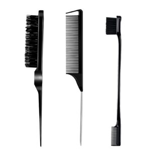 3 Pieces Comb Set for Teasing, Edge & Back Brushing – Rat Tail & Edge Combs for Styling Women’s Hair (Black)