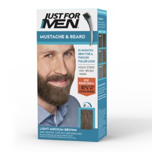 Just For Men Mustache & Beard, Beard Coloring for Gray Hair with Brush, With Keratin Biotin Aloe and Coconut Oil for Healthy Facial Hair – Light-Medium Brown, M-30, Pack of 1 (Packaging May Vary)