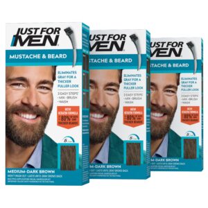 Just For Men Mustache & Beard, Beard Coloring for Gray Hair with Brush, With Keratin Biotin Aloe and Coconut Oil for Healthy Facial Hair – Medium-Dark Brown, M-40, Pack of 3 (Packaging May Vary)