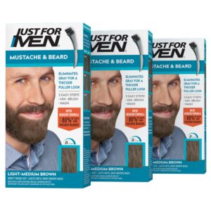 Just For Men Mustache & Beard, Beard Coloring for Gray Hair with Brush, With Keratin Biotin Aloe and Coconut Oil for Healthy Facial Hair – Light-Medium Brown, M-30, Pack of 3 (Packaging May Vary)