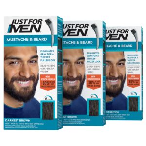 Just For Men Mustache & Beard, Beard Coloring for Gray Hair with Brush, With Keratin Biotin Aloe and Coconut Oil for Healthy Facial Hair – Darkest Brown, M-50, Pack of 3 (Packaging May Vary)