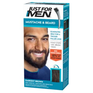 Just For Men Mustache & Beard, Beard Coloring for Gray Hair with Brush Included, With Keratin Biotin Aloe and Coconut Oil for Healthy Facial Hair – Darkest Brown, M-50 (Packaging May Vary)