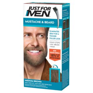 Just For Men Mustache & Beard, Beard Coloring for Gray Hair with Brush, With Keratin Biotin Aloe and Coconut Oil for Healthy Facial Hair – Medium Brown, M-35, Pack of 1 (Packaging May Vary)