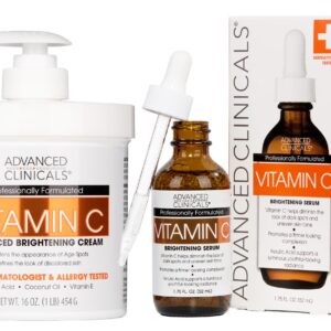 Advanced Clinicals Vitamin C Cream + Vitamin C Serum 2PC Skincare Set | Brightening Body Lotion & Facial Serum For Women & Men Helps Diminish Appearance Of Dark Spots, Wrinkles, & Uneven Skin Tone