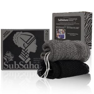 SubSahara Authentic African Net Sponge – 2 Pieces Exfoliating Scrubber for All Skin Types, Bath Sponge for Face & Body, Travel Portable, Durable, Gentle Exfoliation (Black & Grey)