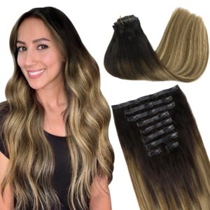 GOO GOO Clip in Hair Extensions Real Human Hair, Remy Human Hair Extensions Clip ins for Women, Natural Human Hair, 14inch 130g 9Pcs, 2/6/18 Balayage Brown to Dirty Blonde