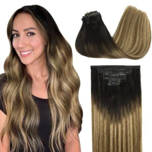 GOO GOO Clip in Hair Extensions Real Human Hair, Remy Human Hair Extensions Clip ins for Women, Natural Human Hair, 24inch 160g 7Pcs, 2/6/18 Balayage Brown to Dirty Blonde