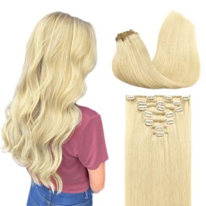 GOO GOO Clip in Hair Extensions Real Human Hair, Remy Human Hair Extensions Clip ins for Women, Natural Human Hair, 14inch 120g 7Pcs, 613R Bleach Blonde